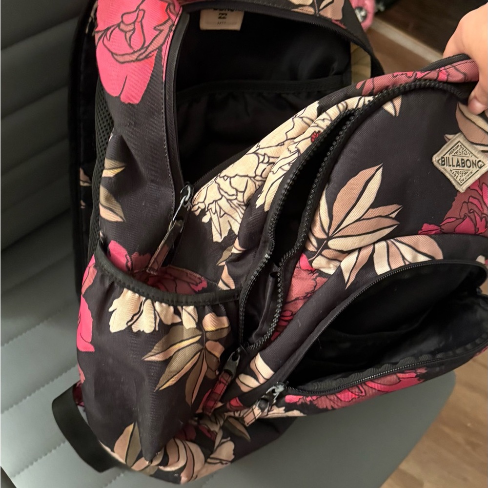 Billabong Black Backpack with Red and Cream Floral Design - Picture 3 of 5